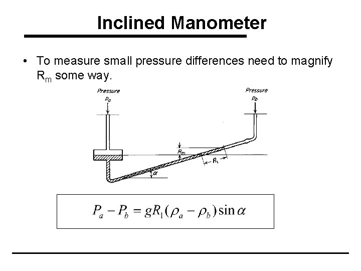 Inclined Manometer • To measure small pressure differences need to magnify Rm some way.