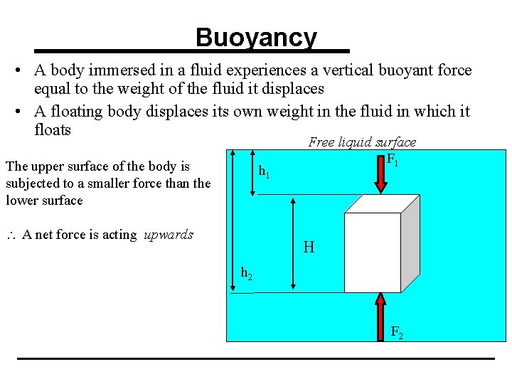 Buoyancy • A body immersed in a fluid experiences a vertical buoyant force equal