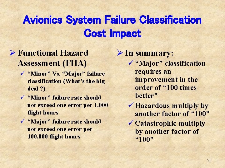 Avionics System Failure Classification Cost Impact Ø Functional Hazard Assessment (FHA) ü “Minor” Vs.