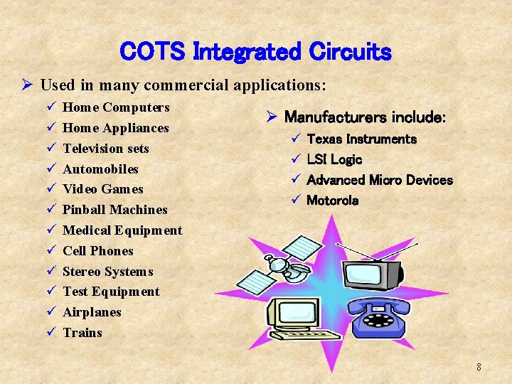 COTS Integrated Circuits Ø Used in many commercial applications: ü ü ü Home Computers