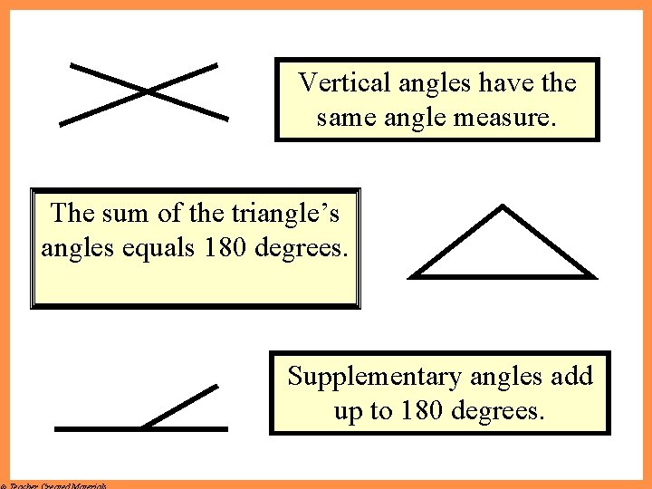 Vertical angles have the same angle measure. The sum of the triangle’s angles equals