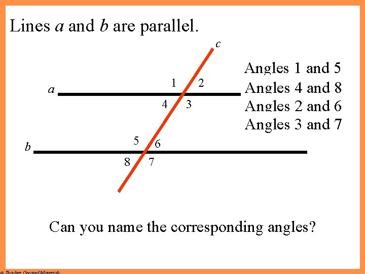 Lines a and b are parallel. c 1 a 4 5 b 8 2