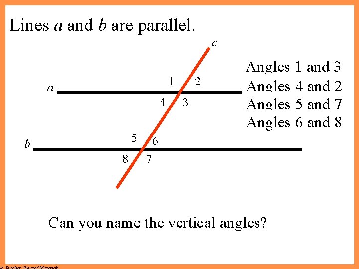 Lines a and b are parallel. c 1 a 4 5 b 8 2