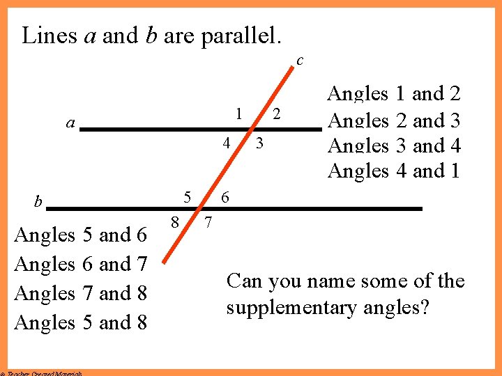 Lines a and b are parallel. c 1 a 4 5 b Angles 5