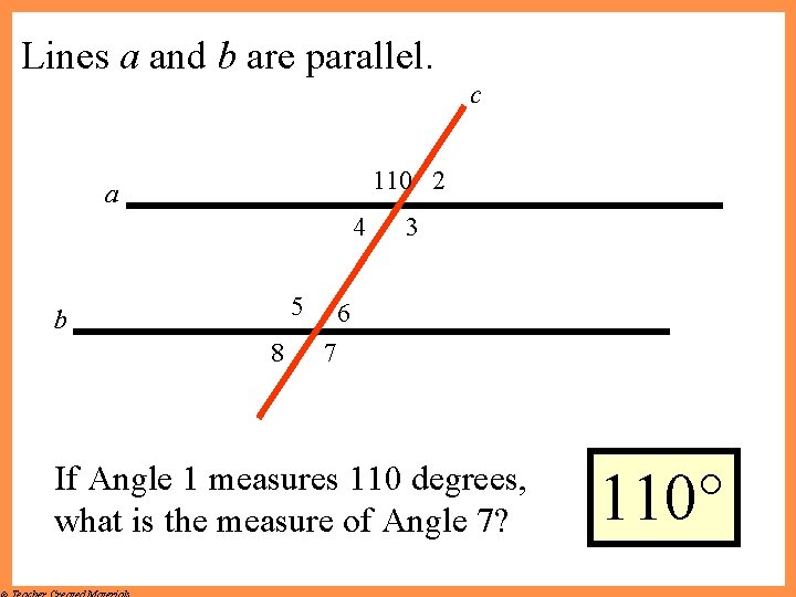 Lines a and b are parallel. c 110 2 a 4 5 b 8