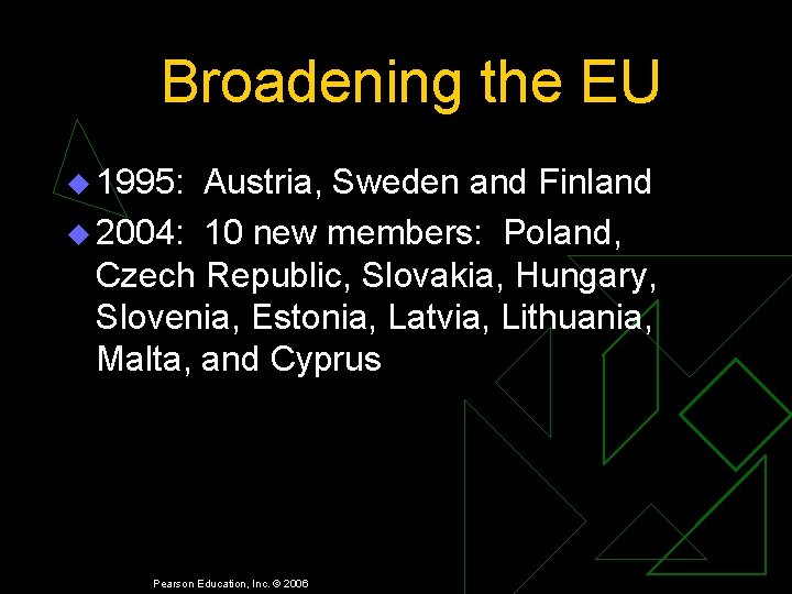 Broadening the EU u 1995: Austria, Sweden and Finland u 2004: 10 new members: