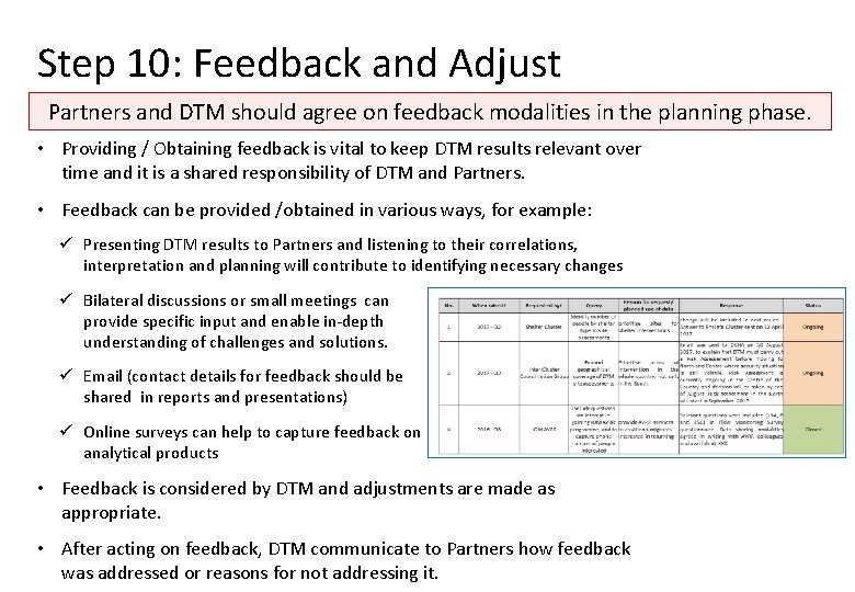 Step 10: Feedback and Adjust Partners and DTM should agree on feedback modalities in Step 10: Feedback and Adjust Partners and DTM should agree on feedback modalities in