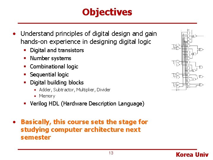 Objectives • Understand principles of digital design and gain hands-on experience in designing digital Objectives • Understand principles of digital design and gain hands-on experience in designing digital