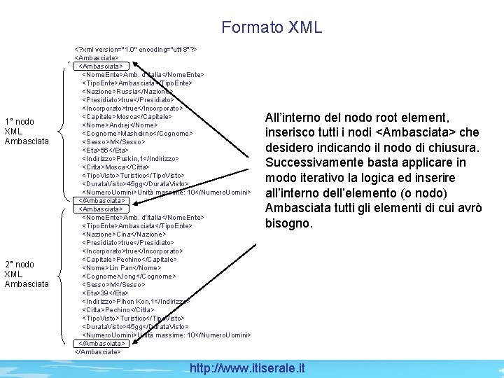 Formato XML 1° nodo XML Ambasciata 2° nodo XML Ambasciata <? xml version="1. 0"