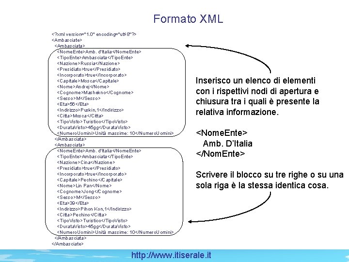 Formato XML <? xml version="1. 0" encoding="utf-8"? > <Ambasciate> <Ambasciata> <Nome. Ente>Amb. d'Italia</Nome. Ente>