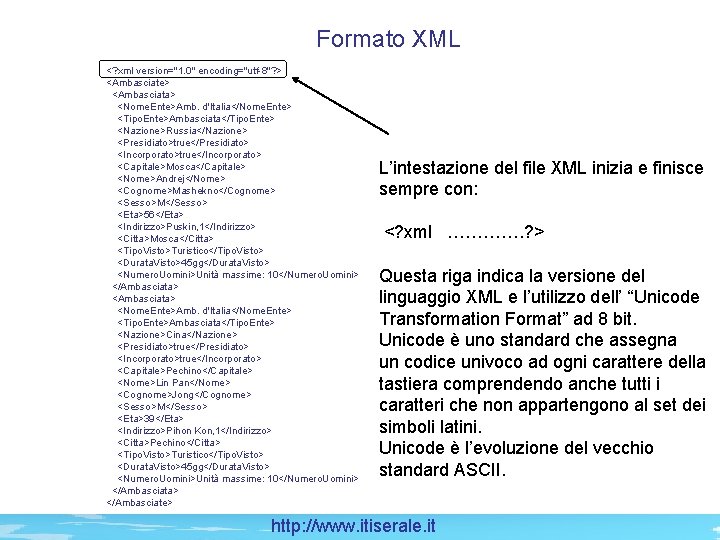 Formato XML <? xml version="1. 0" encoding="utf-8"? > <Ambasciate> <Ambasciata> <Nome. Ente>Amb. d'Italia</Nome. Ente>