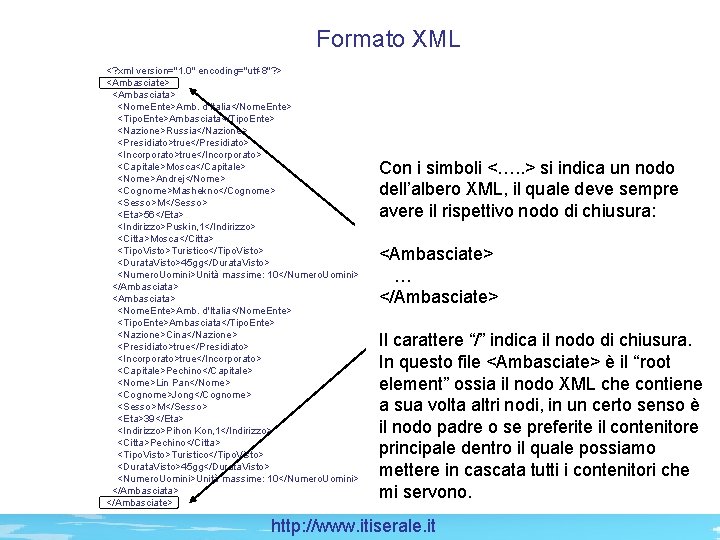 Formato XML <? xml version="1. 0" encoding="utf-8"? > <Ambasciate> <Ambasciata> <Nome. Ente>Amb. d'Italia</Nome. Ente>