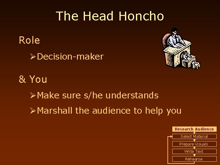 The Head Honcho Role ØDecision-maker & You ØMake sure s/he understands ØMarshall the audience
