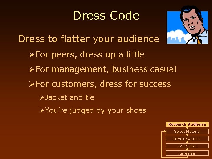 Dress Code Dress to flatter your audience ØFor peers, dress up a little ØFor