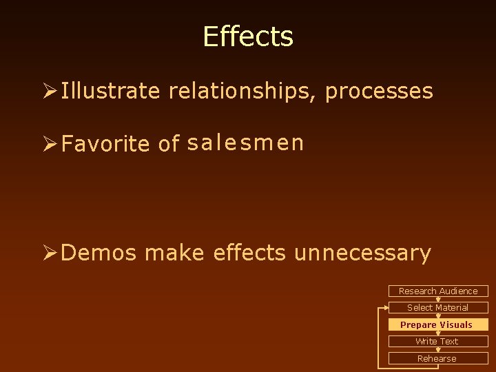 Effects Ø Illustrate relationships, processes Ø Favorite of s a l e s m