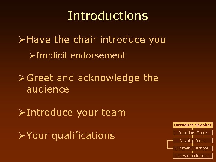 Introductions Ø Have the chair introduce you ØImplicit endorsement Ø Greet and acknowledge the