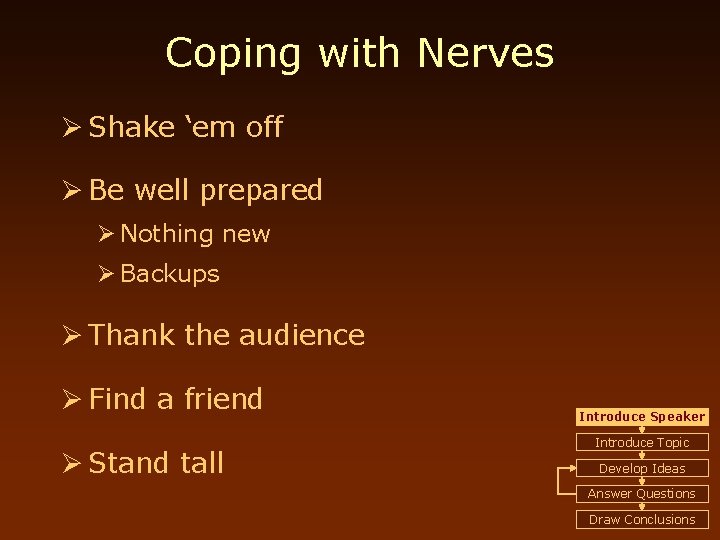Coping with Nerves Ø Shake ‘em off Ø Be well prepared Ø Nothing new