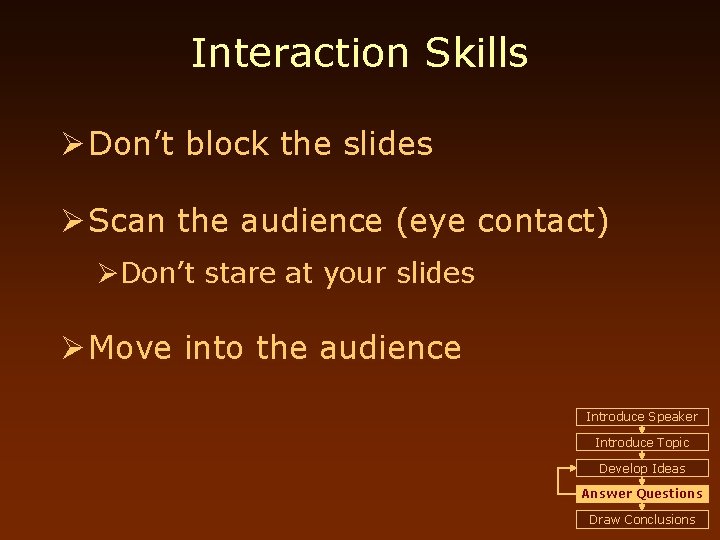 Interaction Skills Ø Don’t block the slides Ø Scan the audience (eye contact) ØDon’t