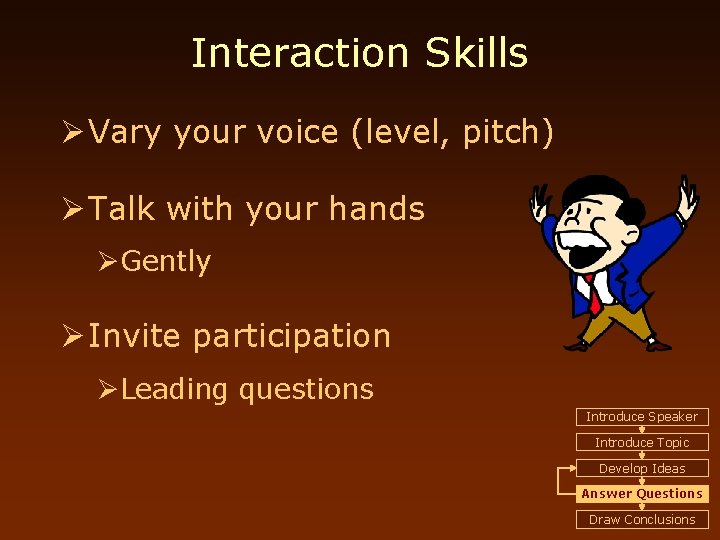 Interaction Skills Ø Vary your voice (level, pitch) Ø Talk with your hands ØGently