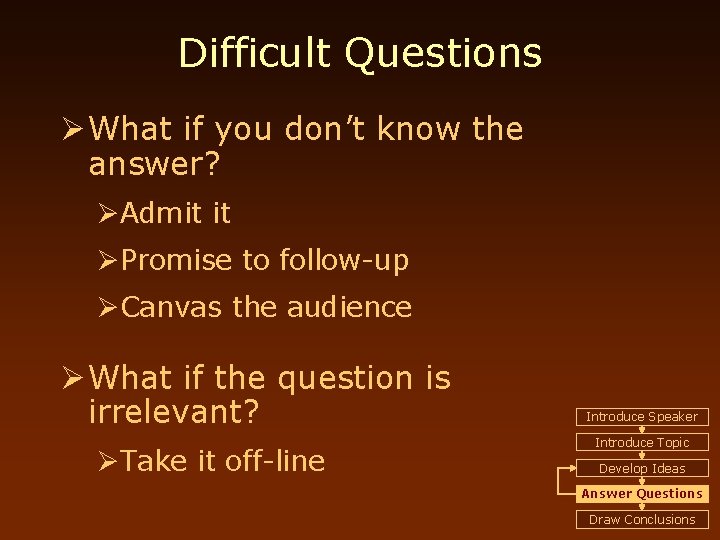 Difficult Questions Ø What if you don’t know the answer? ØAdmit it ØPromise to