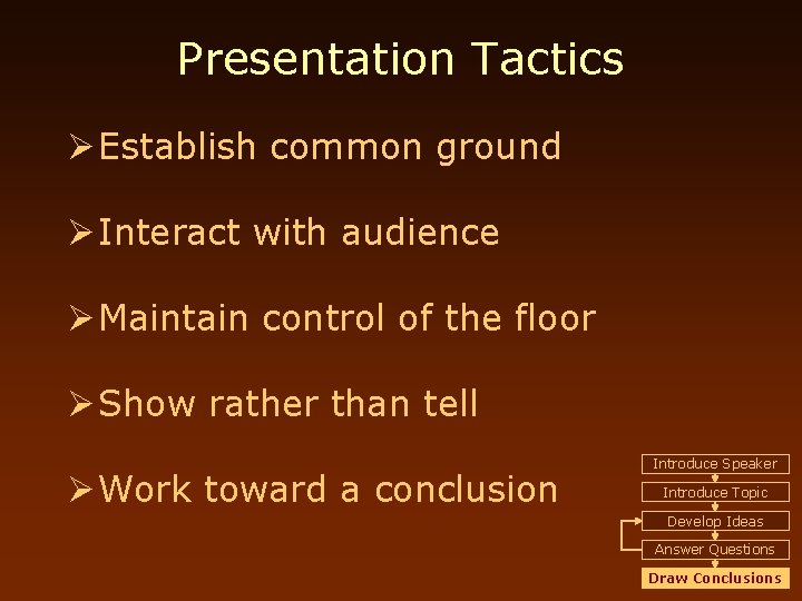 Presentation Tactics Ø Establish common ground Ø Interact with audience Ø Maintain control of