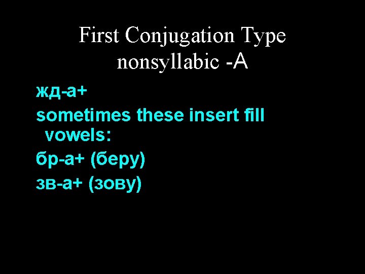 First Conjugation Type nonsyllabic -А жд-а+ sometimes these insert fill vowels: бр-а+ (беру) зв-а+