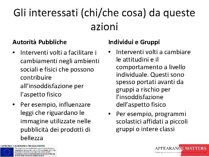 Gli interessati (chi/che cosa) da queste azioni Autorità Pubbliche • Interventi volti a facilitare Gli interessati (chi/che cosa) da queste azioni Autorità Pubbliche • Interventi volti a facilitare