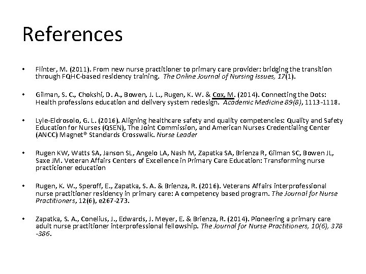 References • Flinter, M. (2011). From new nurse practitioner to primary care provider: bridging