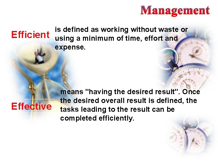 Management Efficient Effective is defined as working without waste or using a minimum of