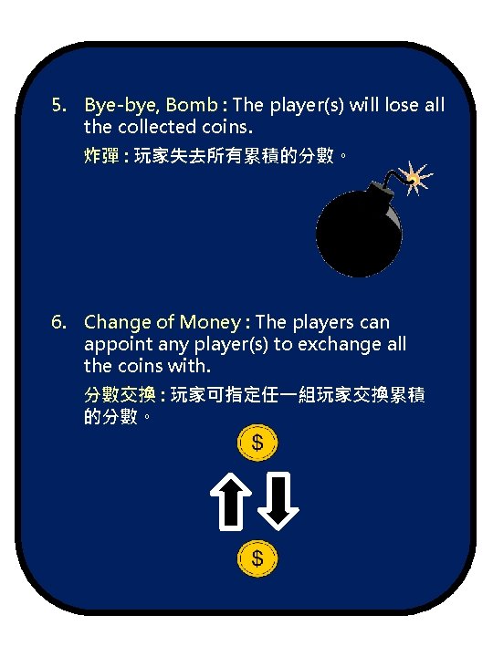 5. Bye-bye, Bomb : The player(s) will lose all the collected coins. 炸彈 :