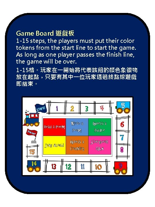 Game Board 遊戲板 1 -15 steps, the players must put their color tokens from