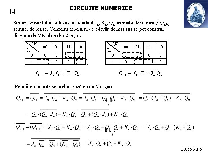 CIRCUITE NUMERICE 14 Sinteza circuitului se face considerând Jn, Kn, Qn semnale de intrare CIRCUITE NUMERICE 14 Sinteza circuitului se face considerând Jn, Kn, Qn semnale de intrare