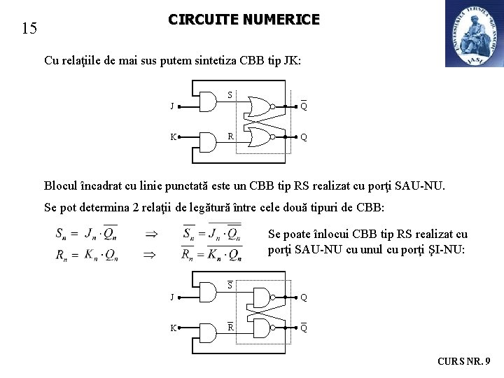 15 CIRCUITE NUMERICE Cu relaţiile de mai sus putem sintetiza CBB tip JK: S 15 CIRCUITE NUMERICE Cu relaţiile de mai sus putem sintetiza CBB tip JK: S