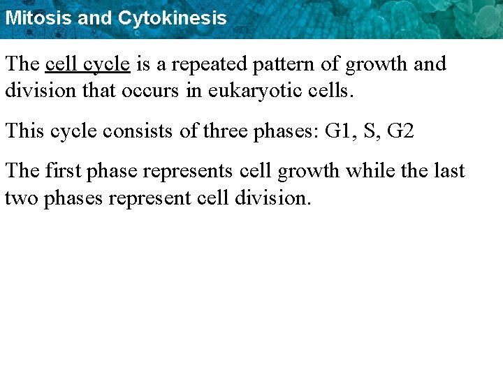 Mitosis and Cytokinesis The cell cycle is a repeated pattern of growth and division