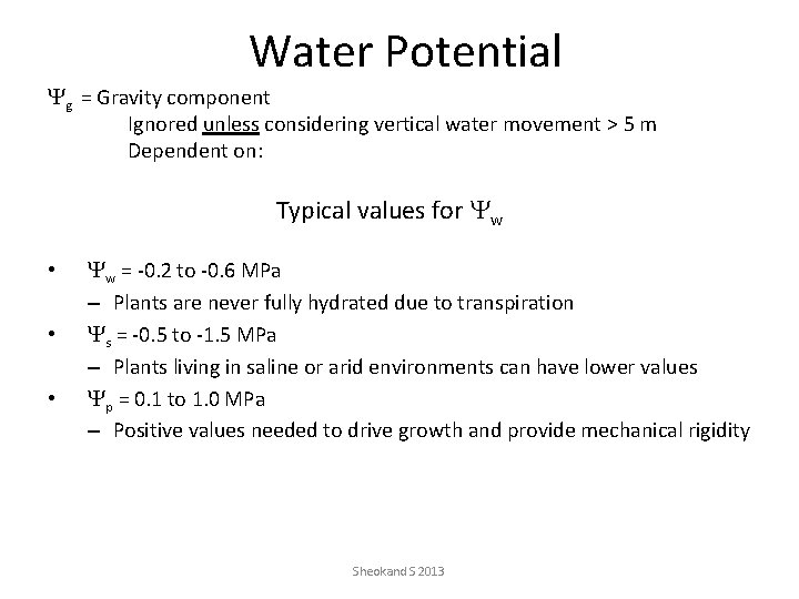 Water Potential Yg = Gravity component Ignored unless considering vertical water movement > 5