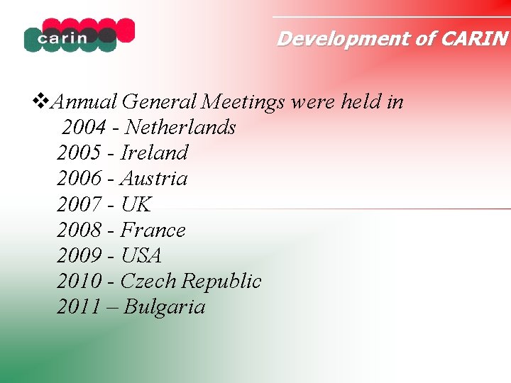 Development of CARIN Annual General Meetings were held in 2004 - Netherlands 2005 -