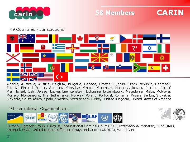 58 Members CARIN 49 Countries / Jurisdictions: Albania, Australia, Austria, Belgium, Bulgaria, Canada, Croatia,