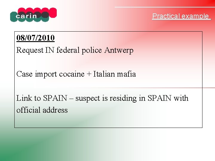Practical example 08/07/2010 Request IN federal police Antwerp Case import cocaine + Italian mafia
