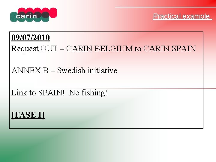 Practical example 09/07/2010 Request OUT – CARIN BELGIUM to CARIN SPAIN ANNEX B –