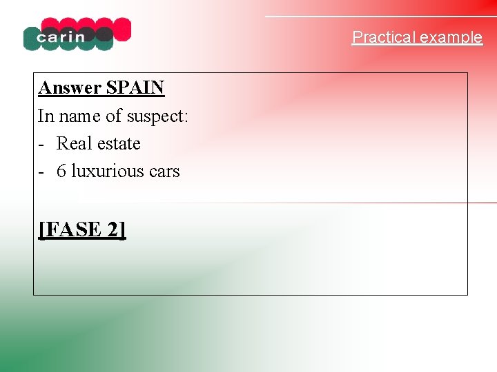 Practical example Answer SPAIN In name of suspect: - Real estate - 6 luxurious