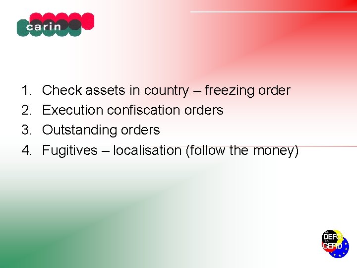 1. 2. 3. 4. Check assets in country – freezing order Execution confiscation orders