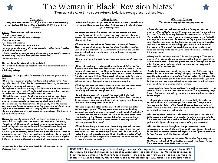 The Woman in Black: Revision Notes! Themes: natural and the supernatural, isolation, revenge and