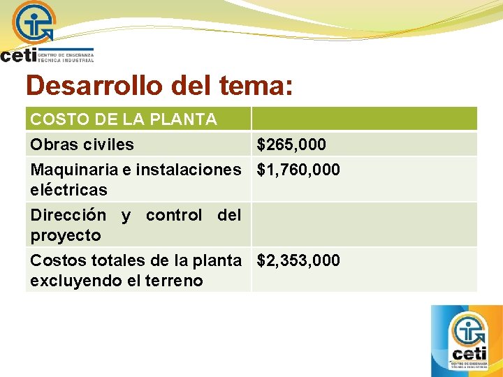 Desarrollo del tema: COSTO DE LA PLANTA Obras civiles $265, 000 Maquinaria e instalaciones