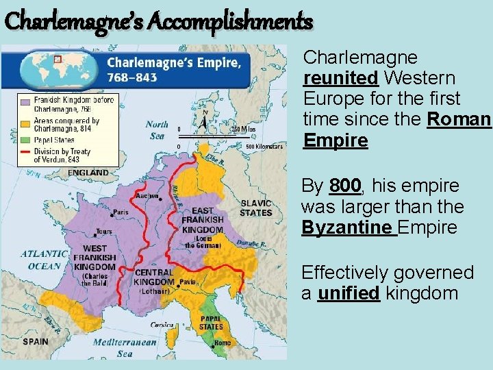 Charlemagne’s Accomplishments Charlemagne reunited Western Europe for the first time since the Roman Empire