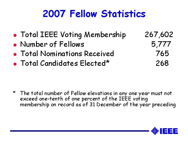 2007 Fellow Statistics l l Total IEEE Voting Membership Number of Fellows Total Nominations