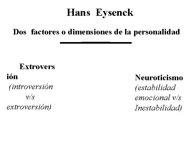 Hans Eysenck Dos factores o dimensiones de la personalidad Extrovers ión (introversión v/s extroversión)