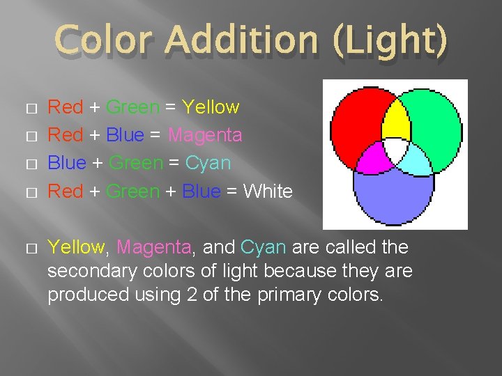 Color Addition (Light) � � � Red + Green = Yellow Red + Blue