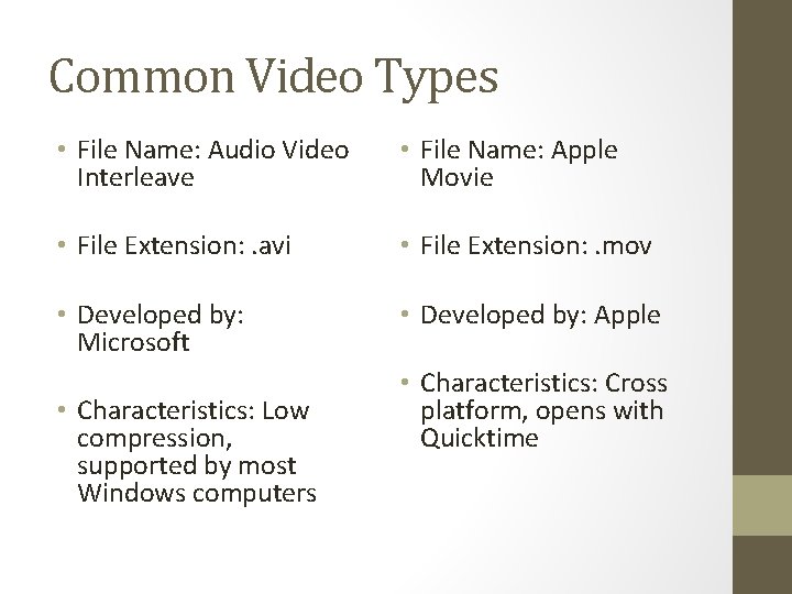 Common Video Types • File Name: Audio Video Interleave • File Name: Apple Movie Common Video Types • File Name: Audio Video Interleave • File Name: Apple Movie