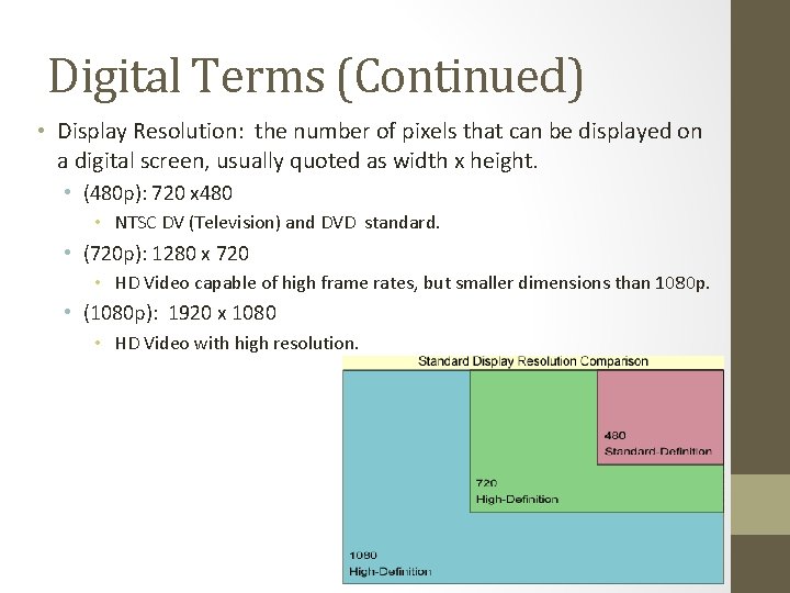 Digital Terms (Continued) • Display Resolution: the number of pixels that can be displayed Digital Terms (Continued) • Display Resolution: the number of pixels that can be displayed