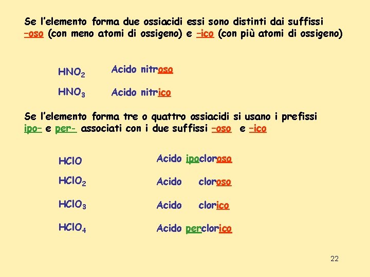 Se l’elemento forma due ossiacidi essi sono distinti dai suffissi –oso (con meno atomi
